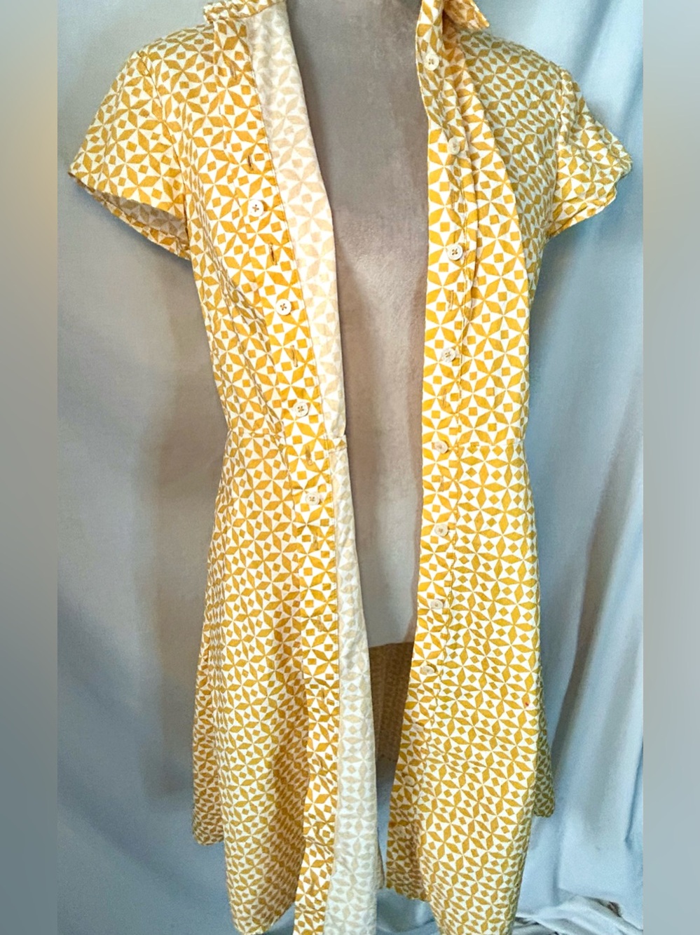 Boden Sophia Mustard Yellow, White Geometric Daisy Cotton Shirt Dress, Size 8 - Picture 13 of 16